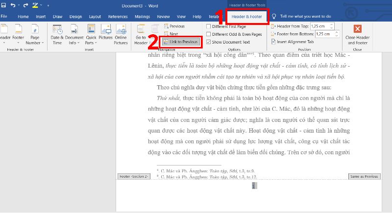 Bước 6: Chuyển sang tab Header & Footer, lúc này bạn sẽ thấy mục Link to Previous đang được in đậm.